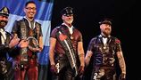 Mr. Leather Ralph Bruneau (Mr. GNI Leather 2016, second from right). First runner-up Geoff Millard (Mr. San Francisco Leather 2017, right), second runnerup. Joe King (Mr. Leather Europe, left). New International Mr. Bootblack Ryan Carpenter Garner (second from left). Photo by Verdell Shannon
