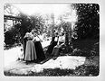 Gertrude Tate, second from left, wearing white shirt and bowtie; and Alice Austen, third from left, seated, wearing white shirt and bowtie, enjoyed a trip to the Catskills in 1899. Austen made the photo album for Tate. Photo courtesy of Collection, Alice Austen House