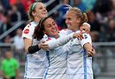 Alyssa Mautz (right) celebrates a goal with fellow Chicago Red Stars. Photo by ISI Photos