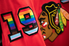 Blackhawk Pride warm-up outfit. Image from Chicago Blackhawks Photos